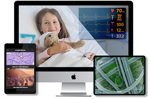 Real-time monitoring of patient health data, traffic patterns, and aerial footage.